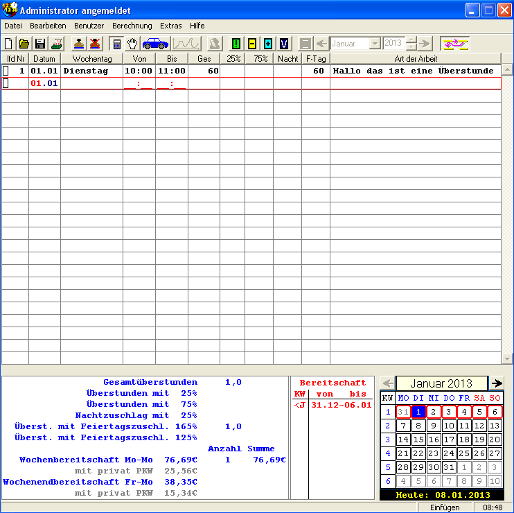 Bildschirmseite des Programms Überstundenprogramm